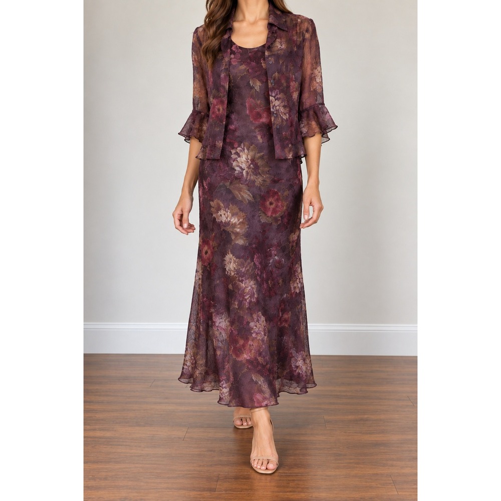 VTG 90s Dark Floral Maxi Dress Jacket 2 Piece Set Peplum 8 Purple Whimsigoth
